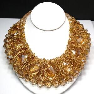 Bohemian Wide Crystal Beaded Chain Collar Necklace, Champaign Beads, 17 Inches